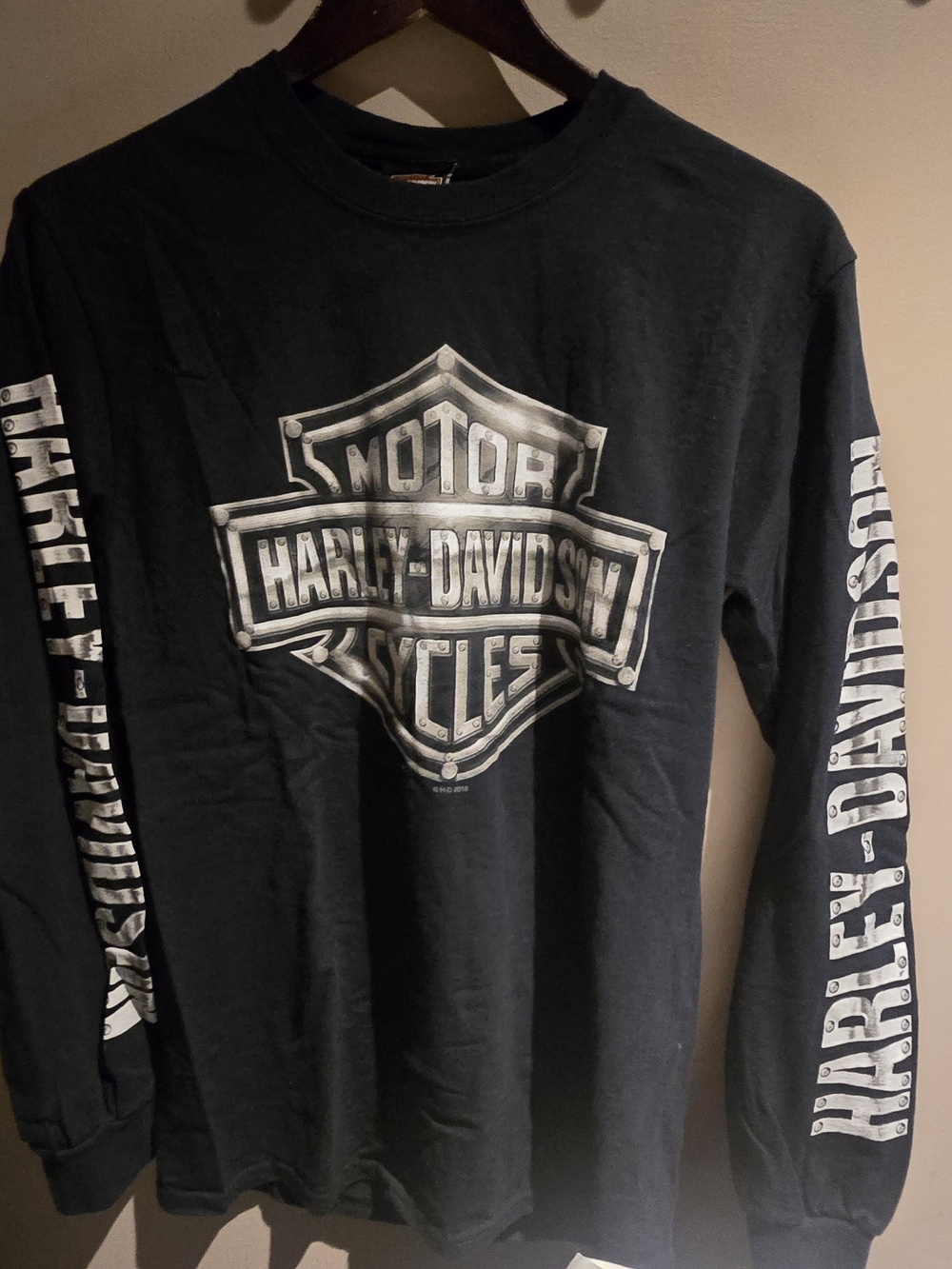 Harley-Davidson Black Long-Sleeve Shield Logo Tee with White Sleeve Text